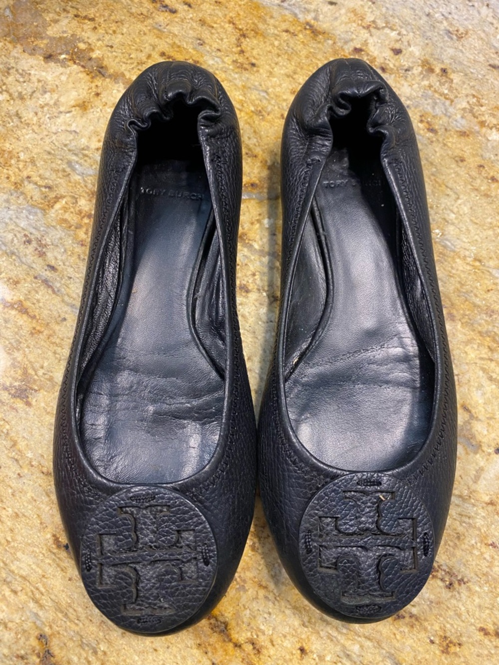 Tory Burch Black Leather Logo Round-Toe Ballet Flats
